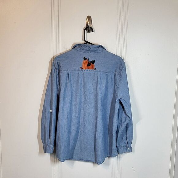 Bechamel Denim Embroidered Button Down Blouse - Picture 2 of 10